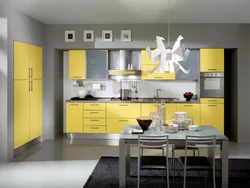 What color goes with yellow in the kitchen interior photo how