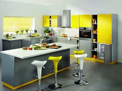 What color goes with yellow in the kitchen interior photo how