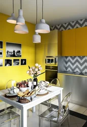 What color goes with yellow in the kitchen interior photo how
