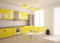 Kitchen interior with yellow wallpaper