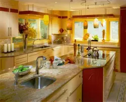 Kitchen interior with yellow wallpaper