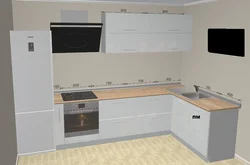 Corner kitchen design with refrigerator and TV photo