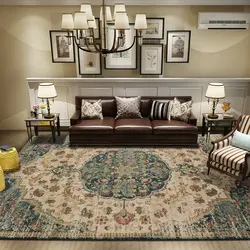 Carpets curtains in the living room interior photo