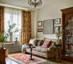 Carpets curtains in the living room interior photo