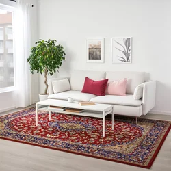 Salon mərtəbəsində qırmızı xalça ilə interyer