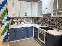 Blue kitchen with white fittings photo