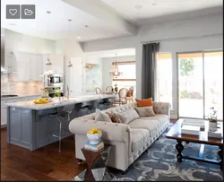 Design of a living room combined with a kitchen with an island