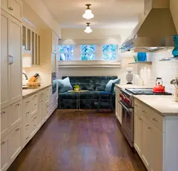 Long kitchen design with sofa