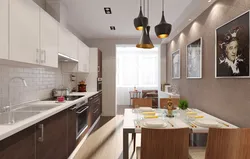 Long kitchen design with sofa