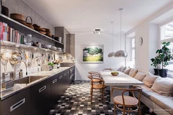 Long kitchen design with sofa
