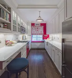 Design Of A Narrow Kitchen In A House With A Window