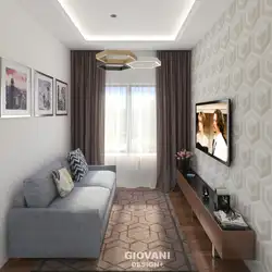 Дизайн длинной гостиной с окнами