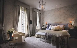 Bedroom in gray beige tones photo