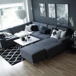Graphite sofa in the living room interior photo