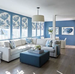 Living Room With Blue Sofa Design Photo