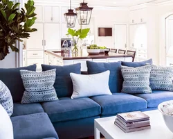 Living Room With Blue Sofa Design Photo