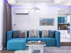 Living room with blue sofa design photo