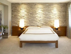 Bedroom design with stone on the wall
