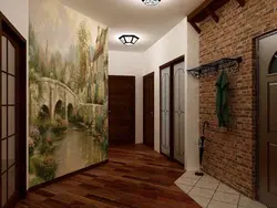 Hallway design with decorative brick and wallpaper