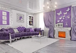 Комбинатсияи ранг бо lilac дар дохили ҳуҷраи меҳмонхона