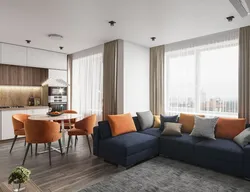 Kitchen living room design with 2 windows photo