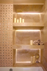 Bath design with built-in shelves