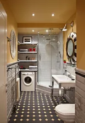 Bathroom with shower and washing machine with sink photo