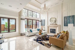 White marble tiles in the living room interior