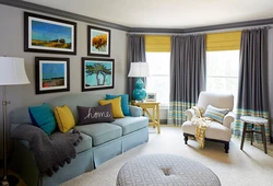 Gray curtains in the interior of the living room with gray furniture photo