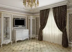 Шторы в интерьере гостиной классика