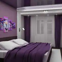 Living room with lilac curtains interior photo