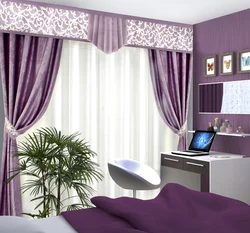 Lilac pərdə dizaynı ilə yataq otağı
