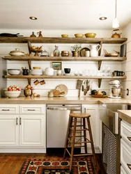 Kitchen with shelves instead of cabinets photo in the interior