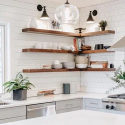 Kitchen with shelves instead of cabinets photo in the interior