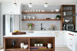 Wall shelves and cabinets in the kitchen interior