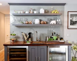 Wall shelves and cabinets in the kitchen interior