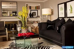 Living room with dark sofa design photo