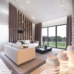 Kitchen living room with panoramic windows in the house design photo