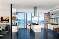 Kitchen living room with panoramic windows in the house design photo