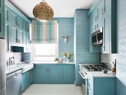 Kitchen with blue wallpaper design