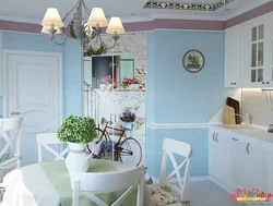 Kitchen with blue wallpaper design