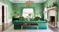Living room interior if green wallpaper