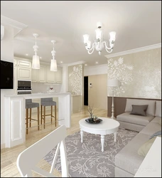 Interior Of A Combined Kitchen-Living Room In Light Colors