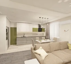 Interior of a combined kitchen-living room in light colors