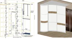 Фото өлшемдері бар жатын бөлмесіндегі бұрыштық гардероб
