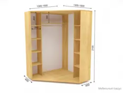 Фото өлшемдері бар жатын бөлмесіндегі бұрыштық гардероб