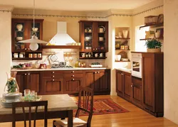 Kitchen interior with brown furniture