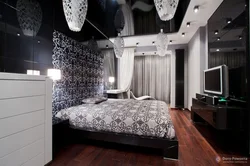 Bedroom interior with black glossy ceiling