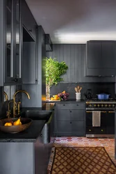 Black wooden kitchen interior