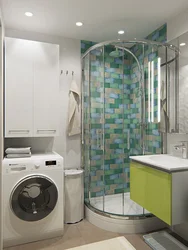 Photo of a bathroom with a shower and a washing machine without a toilet
